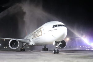 Emirates was welcomed back to Bali with a traditional water salute.